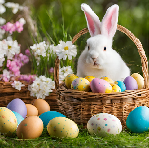 easter bunny in a basket with eggs